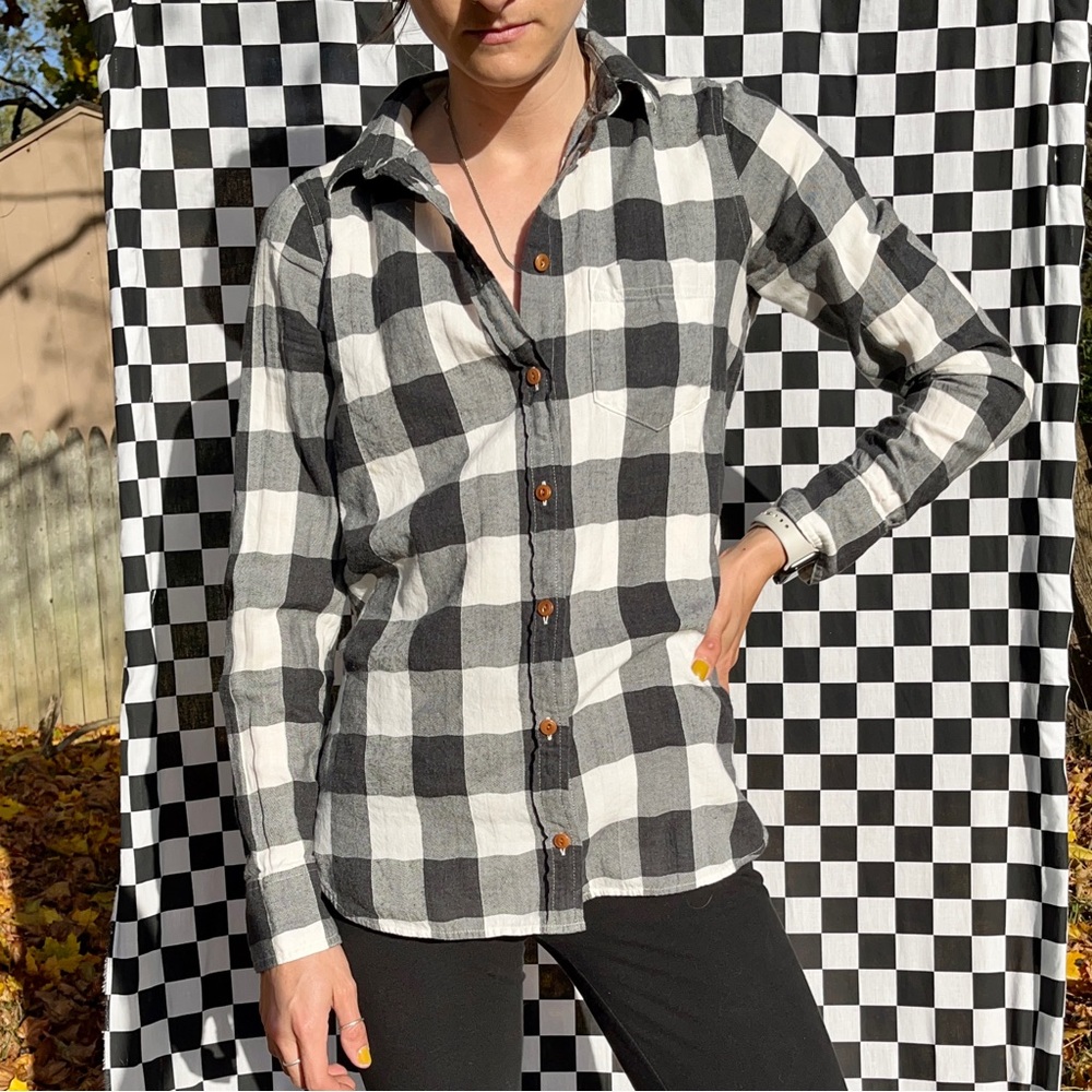 Jcrew Boy Fit Black & White Checkered Plaid Cotton Button-Up